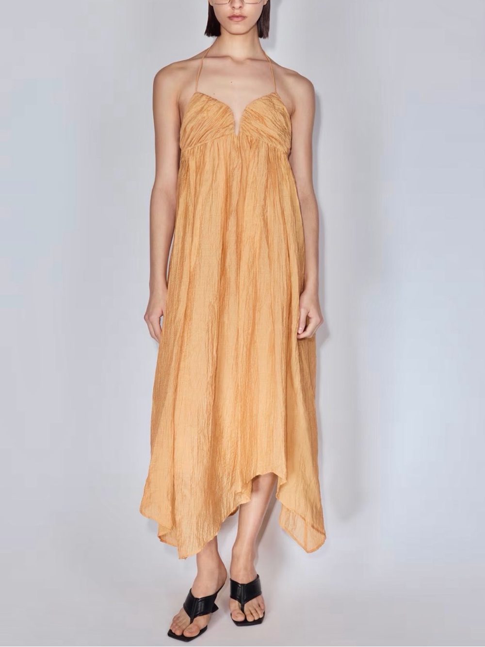 H&M NWT dusty orange Halter asymmetrical hem ruched flowy Midi Dress - Picture 3 of 9